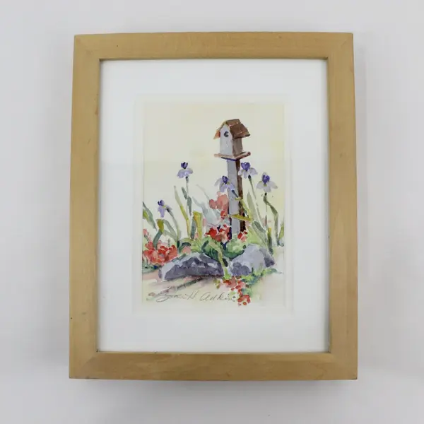 Joan H. Adkins Original Signed Watercolor Birdhouse Flowers Framed Matted
