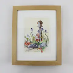 Joan H. Adkins Original Signed Watercolor Birdhouse Flowers Framed Matted