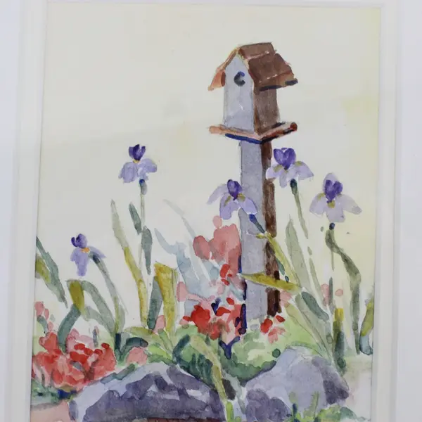 Joan H. Adkins Original Signed Watercolor Birdhouse Flowers Framed Matted