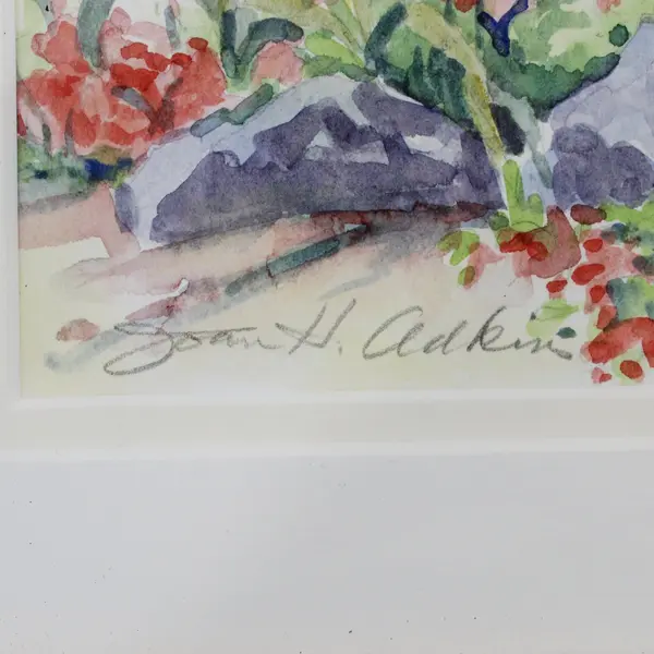 Joan H. Adkins Original Signed Watercolor Birdhouse Flowers Framed Matted