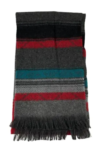Vintage Alorna Gray Teal Red Plaid Scarf Wrap with Fringe USA 100% Acrylic