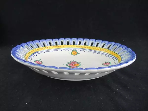 Armondo Poggi Firenze Lace Rim Oval Bowl Floral Blue Yellow Serving Decorative