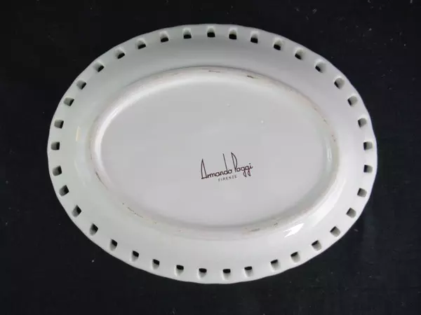 Armondo Poggi Firenze Lace Rim Oval Bowl Floral Blue Yellow Serving Decorative