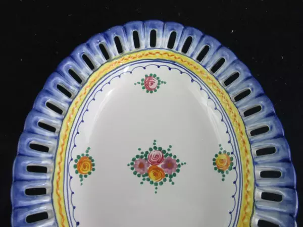 Armondo Poggi Firenze Lace Rim Oval Bowl Floral Blue Yellow Serving Decorative