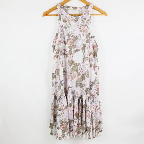 Rebecca Taylor Women's Large Floral Linen Drop Waist Dress Pink Green White