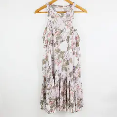Rebecca Taylor Women's Large Floral Linen Drop Waist Dress Pink Green White