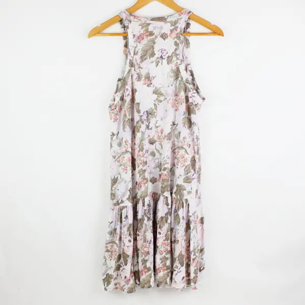 Rebecca Taylor Women's Large Floral Linen Drop Waist Dress Pink Green White