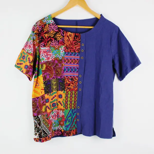 Tendency Women's XL Multicolor Mixed Print Button Front Top Short Sleeve
