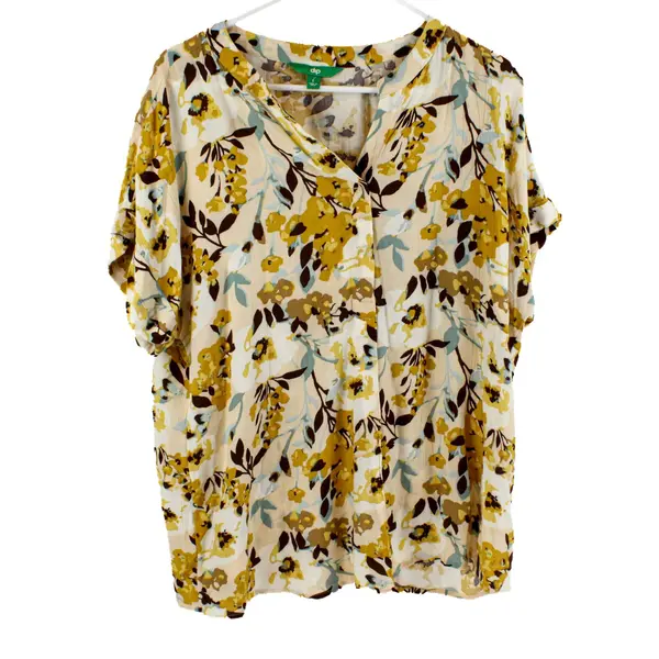 Dip Short Sleeve V-Neck Yellow Brown Blue Floral Print Blouse Size L 
