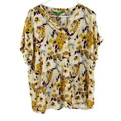 Dip Short Sleeve V-Neck Yellow Brown Blue Floral Print Blouse Size L 