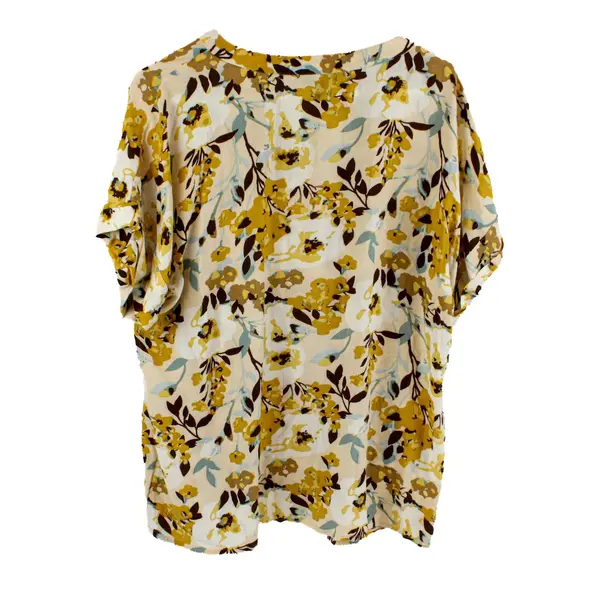 Dip Short Sleeve V-Neck Yellow Brown Blue Floral Print Blouse Size L 