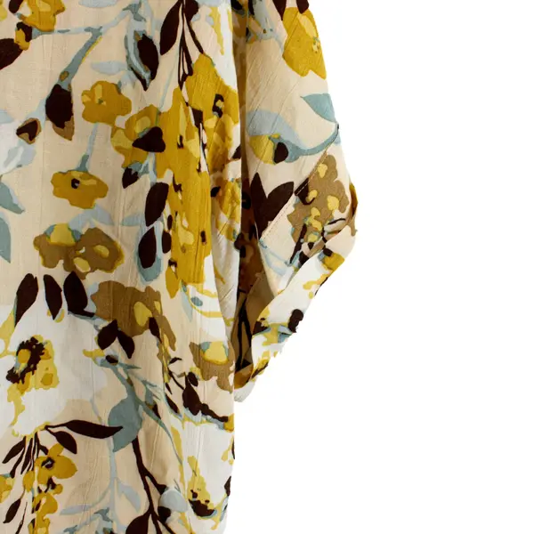 Dip Short Sleeve V-Neck Yellow Brown Blue Floral Print Blouse Size L 
