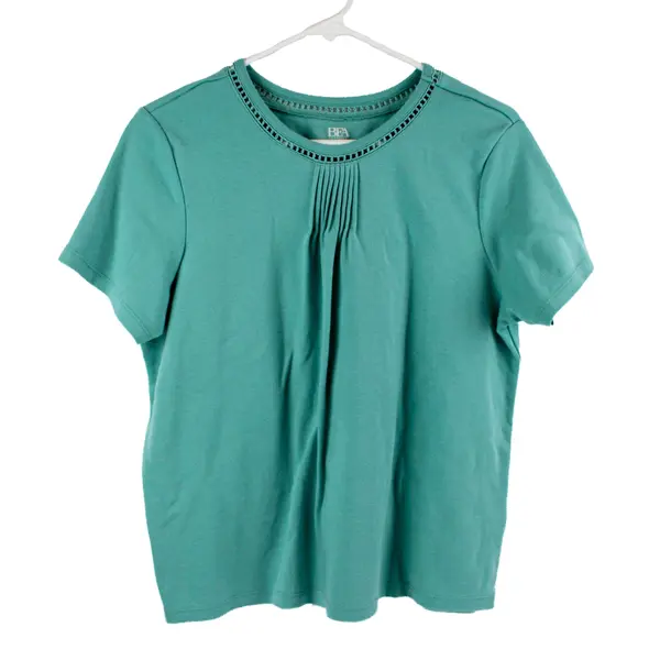 BFA Classics Short Sleeve Pleated Front Neckline Eyelet Trim Teal Top Size PL 