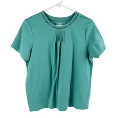 BFA Classics Short Sleeve Pleated Front Neckline Eyelet Trim Teal Top Size PL 