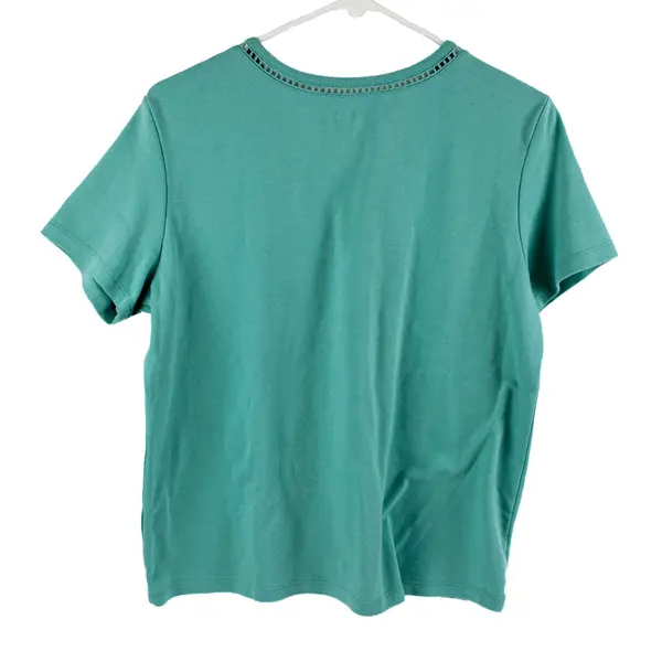 BFA Classics Short Sleeve Pleated Front Neckline Eyelet Trim Teal Top Size PL 