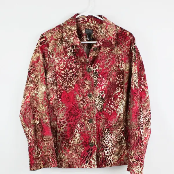 Additions by Chico's Women's Red Brown Floral Leopard Print Jacket Size 3