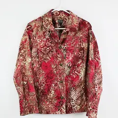 Additions by Chico's Women's Red Brown Floral Leopard Print Jacket Size 3