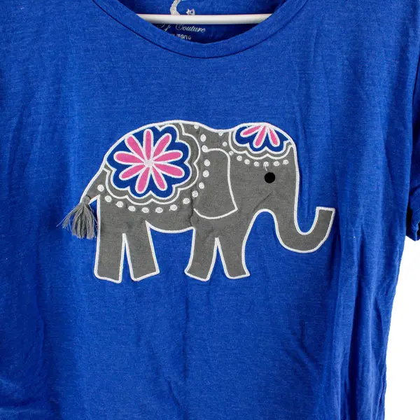PJ Couture Women's XL Blue Short Sleeve Elephant Embroidered Top