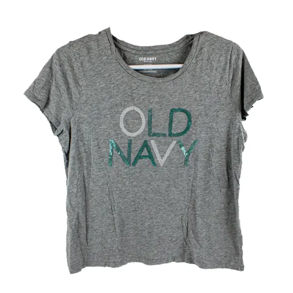 Old Navy Women's Gray Short Sleeve White and Teal Sequin Logo T-Shirt XL
