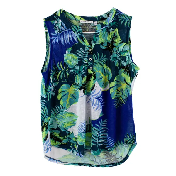 Notations Women's Large Sleeveless V-Neck Blue Green Leaf Blouse