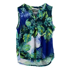 Notations Women's Large Sleeveless V-Neck Blue Green Leaf Blouse