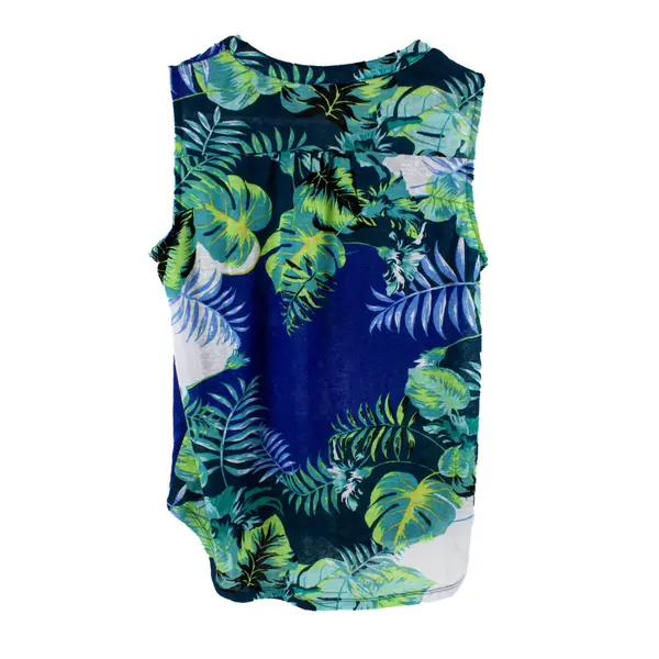 Notations Women's Large Sleeveless V-Neck Blue Green Leaf Blouse