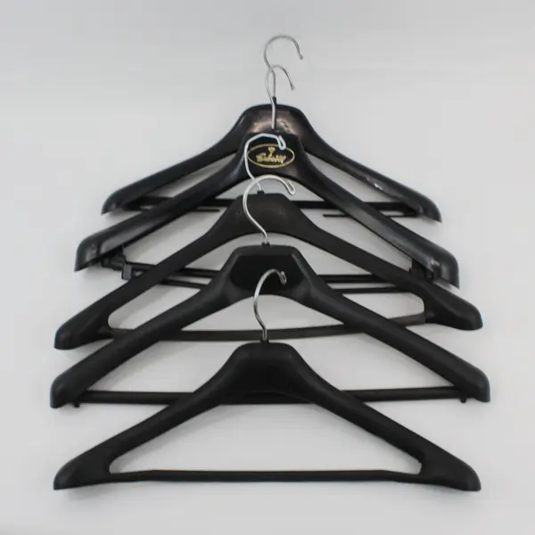 Lot of 5 Black Plastic Suit Hangers Jackets Pants Shirts Oval Marking