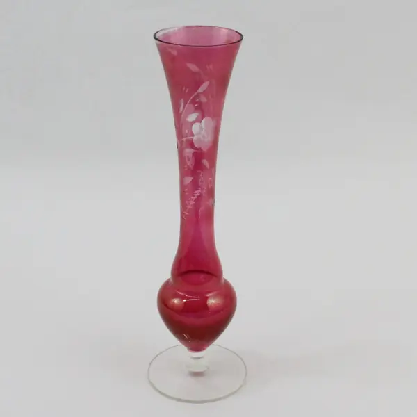 Cranberry Glass Bud Vase Tall Etched Leaf Clear Pedestal Foot