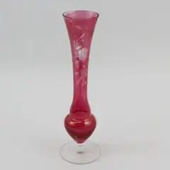 Cranberry Glass Bud Vase Tall Etched Leaf Clear Pedestal Foot