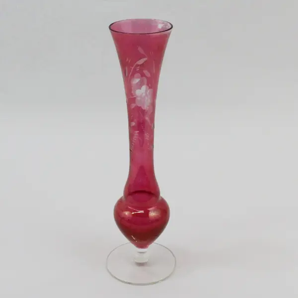 Cranberry Glass Bud Vase Tall Etched Leaf Clear Pedestal Foot