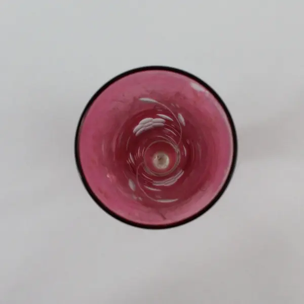 Cranberry Glass Bud Vase Tall Etched Leaf Clear Pedestal Foot
