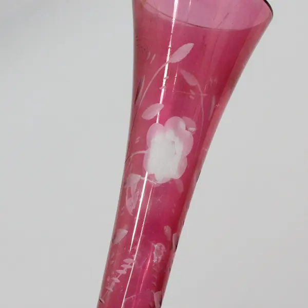 Cranberry Glass Bud Vase Tall Etched Leaf Clear Pedestal Foot
