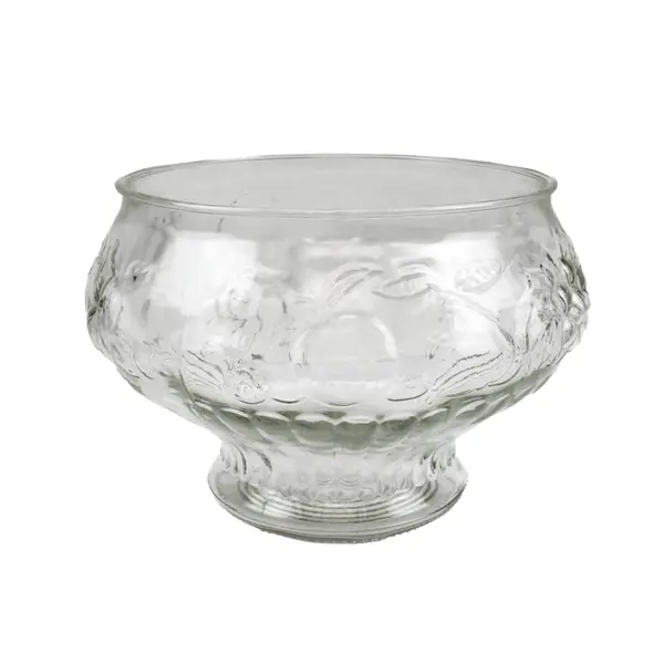 Jeannette Glass Fruit Pattern Embossed Punch Bowl Raised Pedestal