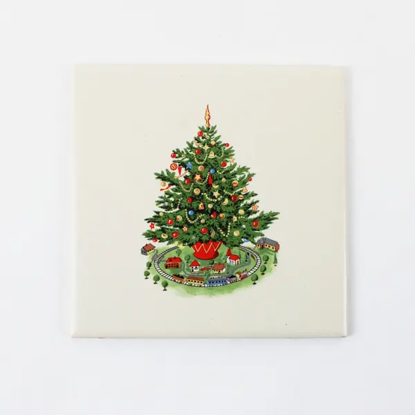 Vintage Christmas Tree Train Set Trivet 6 Inch Kitsch Holiday Decor