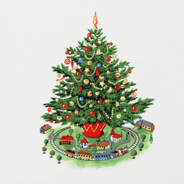 Vintage Christmas Tree Train Set Trivet 6 Inch Kitsch Holiday Decor