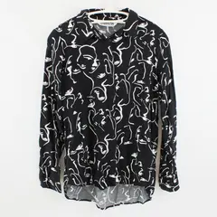 Big Dart Women's Blouse Black White Abstract Faces Button Up Size M