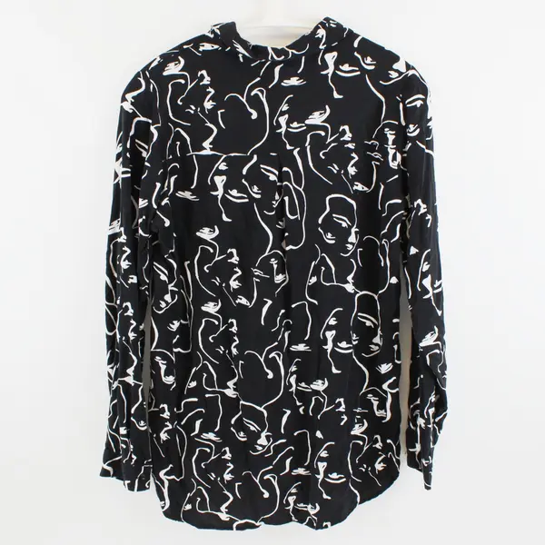 Big Dart Women's Blouse Black White Abstract Faces Button Up Size M