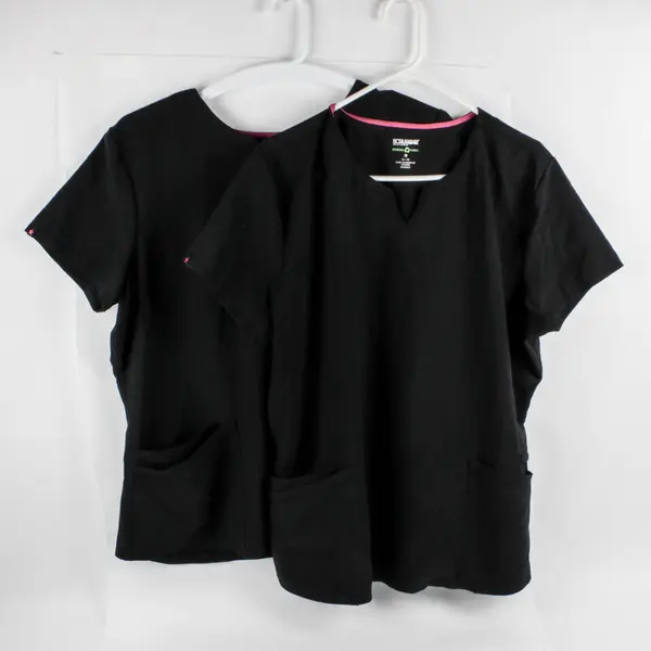 Lot of 2 Scrubstar Women's XL Black Scrub Tops Pink Trim