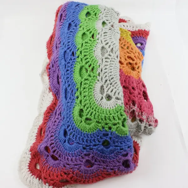 Handmade Crochet Multicolor Openwork Scalloped Edge Throw Blanket 72x75