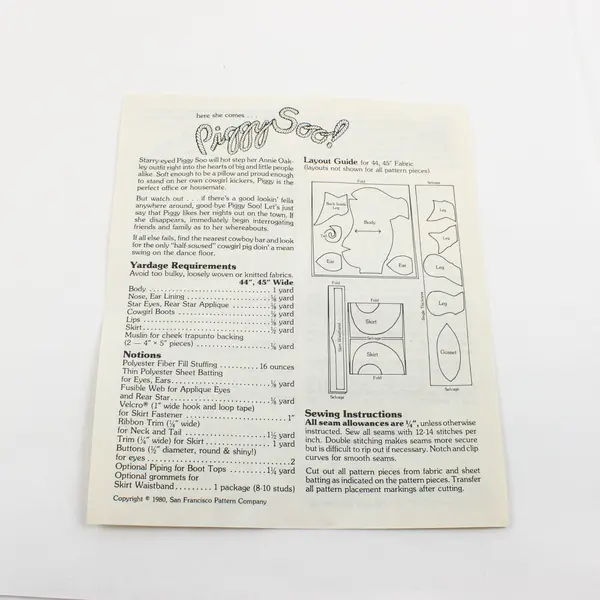 1980 San Francisco Pattern Co Piggy Soo 20in Stuffed Pig Sewing Pattern
