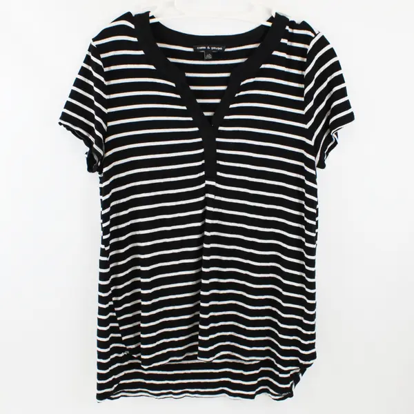 Cable & Gauge Women's Large Black White Striped Short Sleeve Top