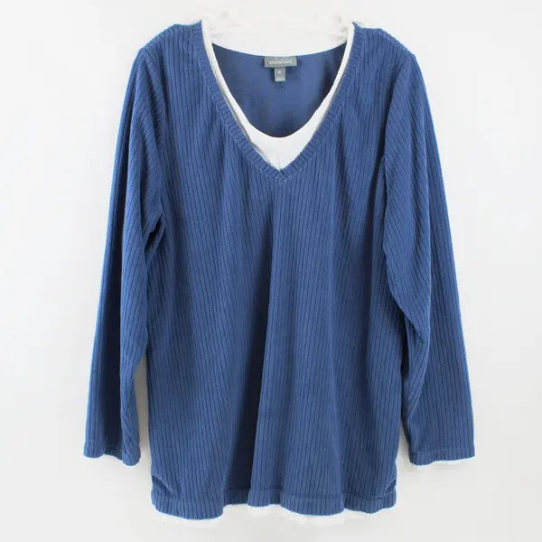 Women's 1X Blue White Faux Layered Long Sleeve Top
