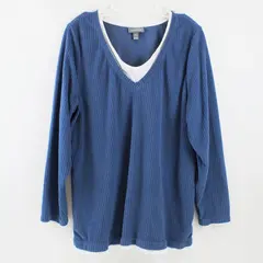 Women's 1X Blue White Faux Layered Long Sleeve Top
