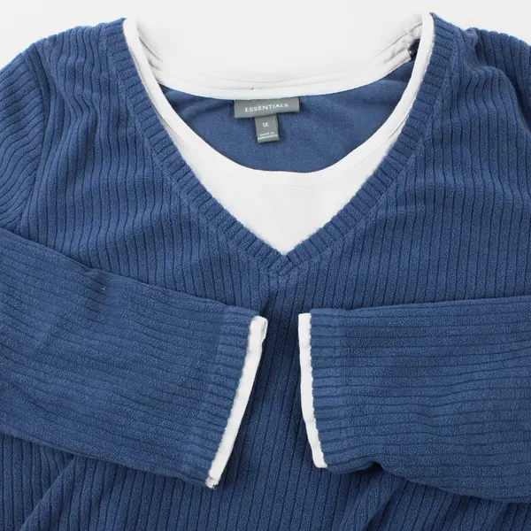 Women's 1X Blue White Faux Layered Long Sleeve Top