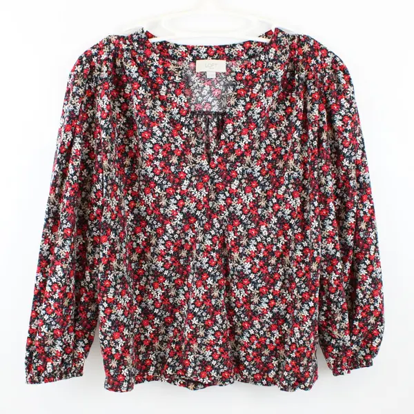 LOFT Outlet Women's XS Black Floral Long Balloon-Sleeve V-Neck Top