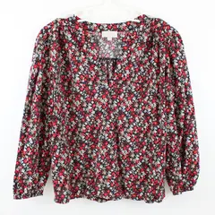 LOFT Outlet Women's XS Black Floral Long Balloon-Sleeve V-Neck Top