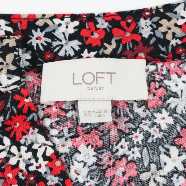 LOFT Outlet Women's XS Black Floral Long Balloon-Sleeve V-Neck Top