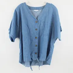 Time and Tru Women's Blue Button Front Top Short Sleeve Large 12-14