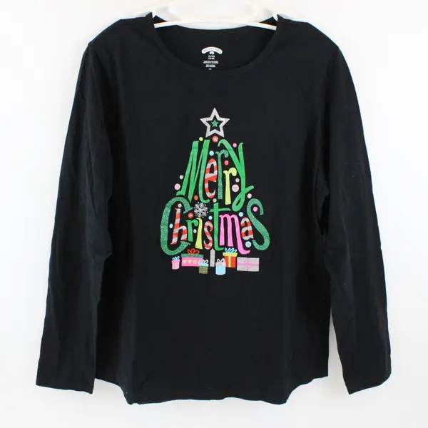 Holiday Time Women's XL 16-18 Black Long Sleeve Merry Christmas Graphic T-Shirt