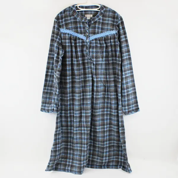 Celestial Dreams Women's Fleece Nightgown Blue Gray Plaid XL 16-18
